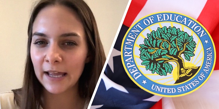 woman shares why she left teaching(l) Department of Education Logo on US Flag